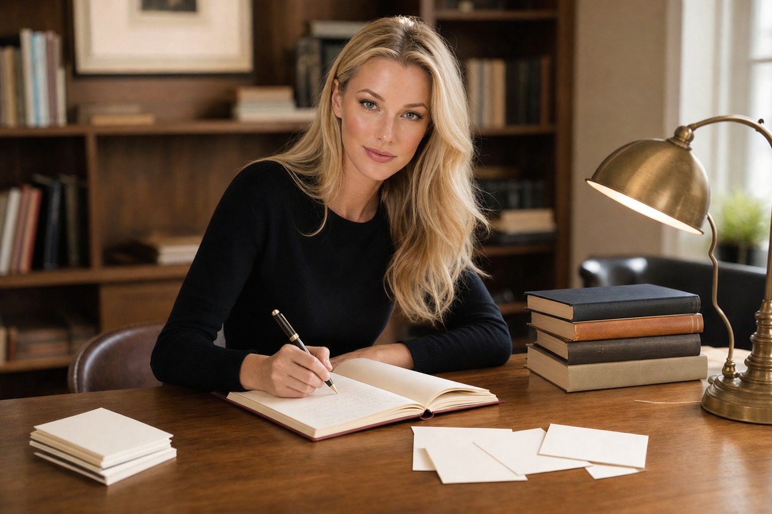Nicole Junkerman arranging note cards beside an open notebook and stacked books at a writing desk.