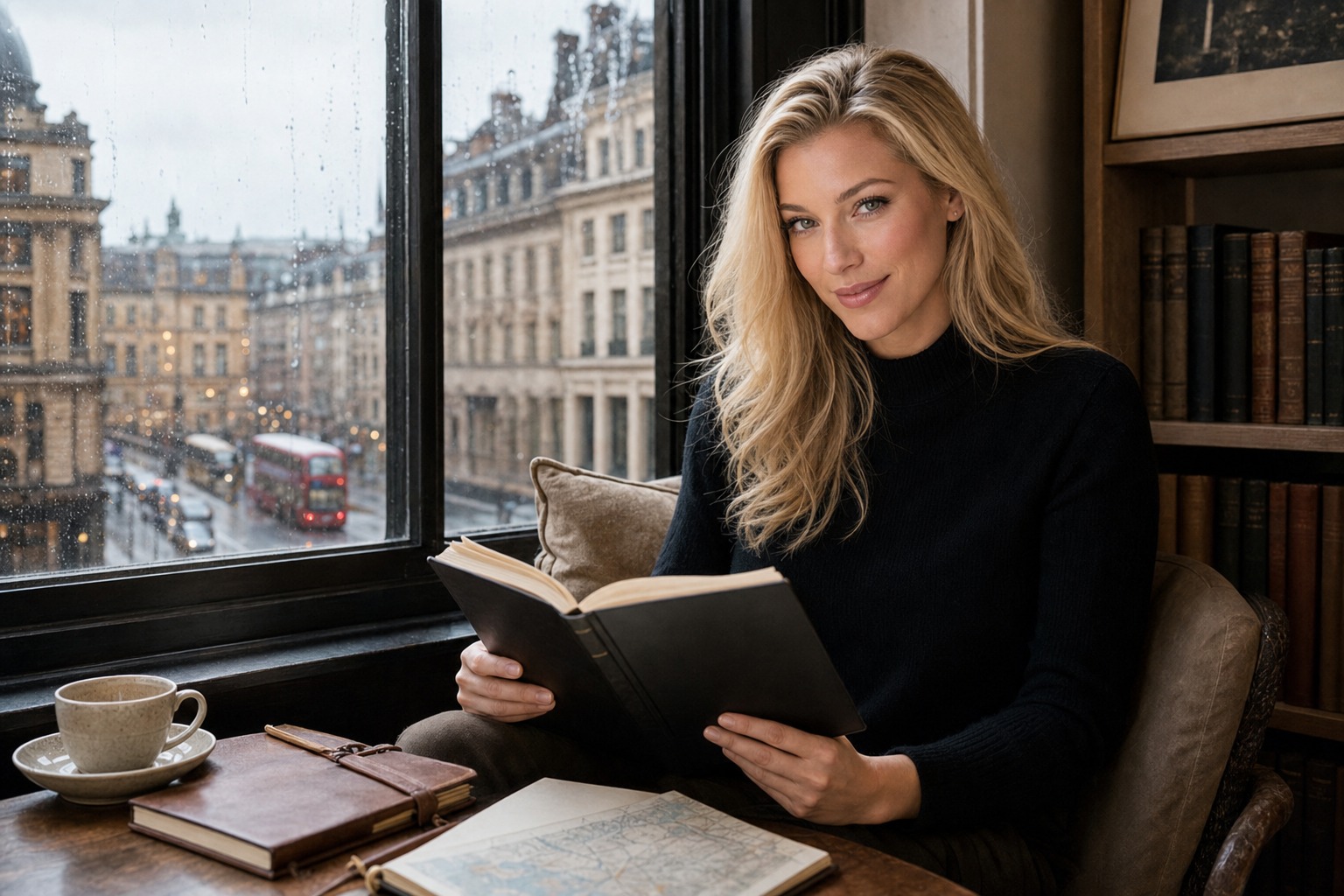 Nicole Junkerman reading a book by a tall window framing a rainy London street with grand stone buildings.