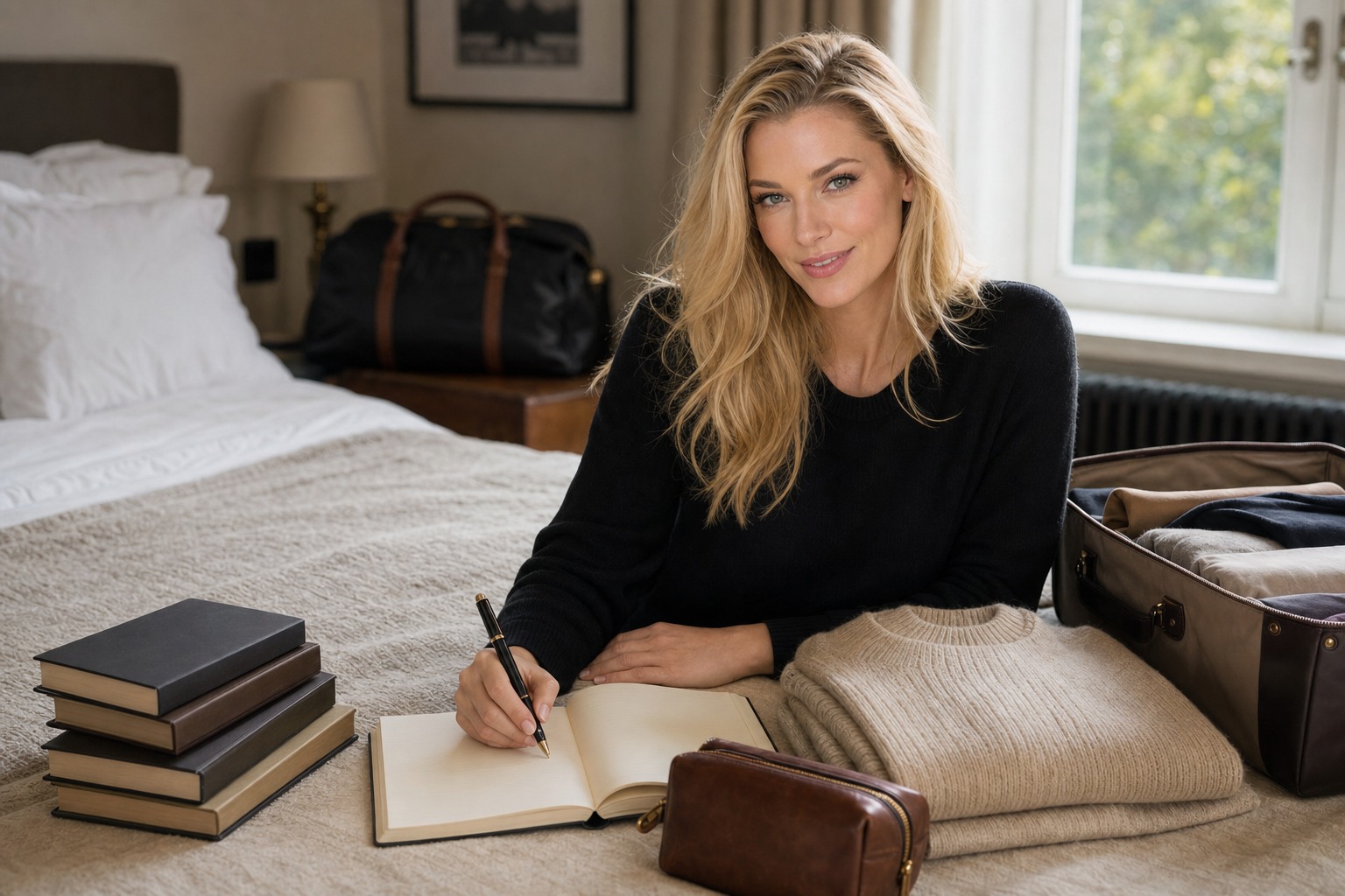 Nicole Junkerman writing beside a folded sweater, a leather case, and a small stack of books.