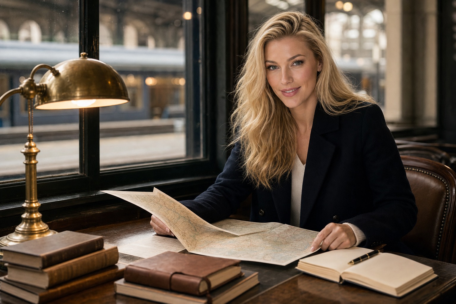Nicole Junkerman studying an unfolded map at a desk with a brass lamp and a station window behind.